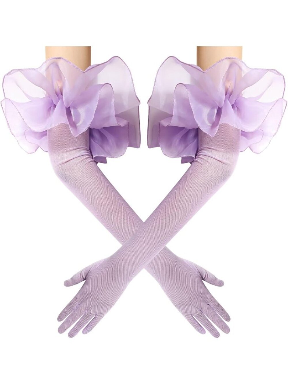 Women's Lavender Long Sleeve Oversize Ruffle Cuff Sheer Tulle Mesh Puff Gloves